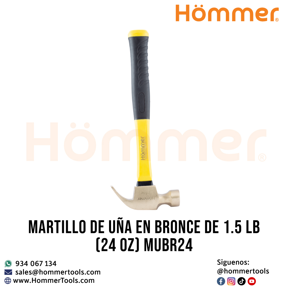 Martillo de uña en bronce de 1.5 LB HOMMER MUBR24 – vista frontal completa de herramienta antichispa