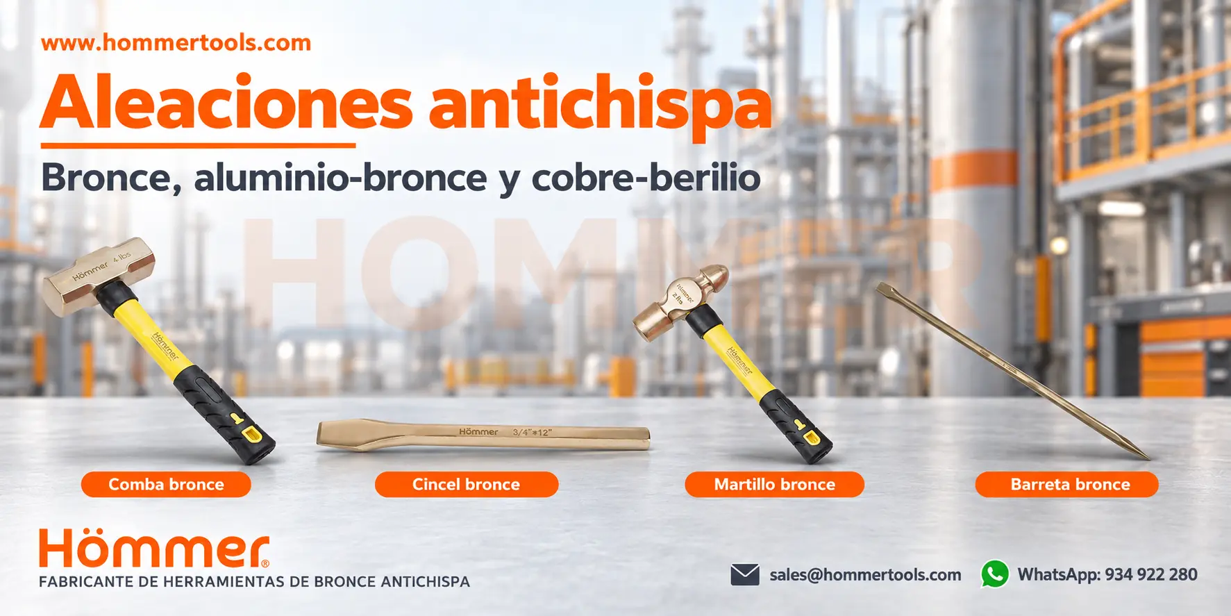 Aleaciones para herramientas antichispa: bronce, aluminio-bronce y cobre-berilio. Comba, cincel, martillo y barreta de bronce Hommer. Todo el catálogo Hommer se fabrica en aleación de bronce antichispa.