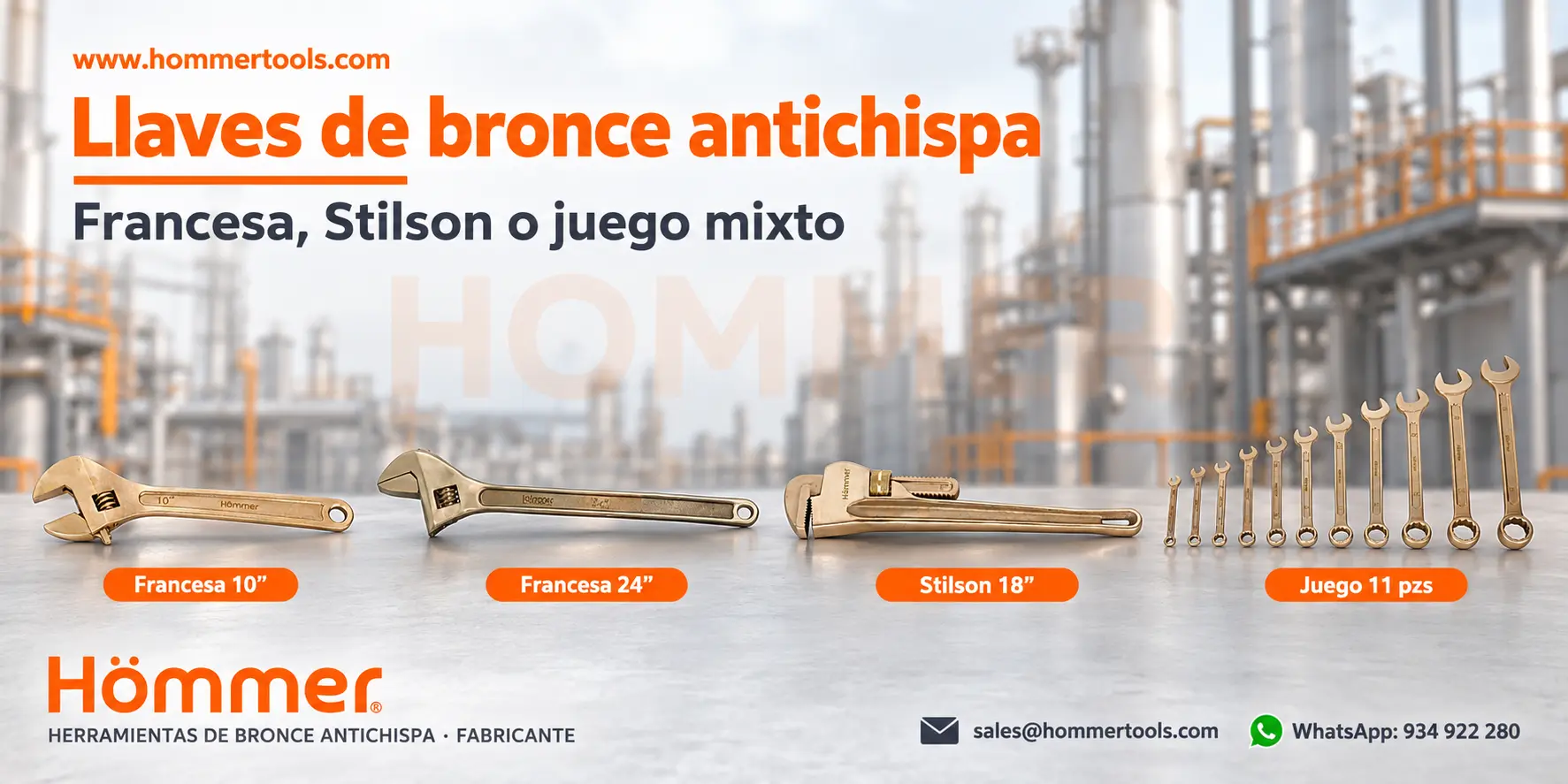 Llaves de bronce antichispa Hommer: francesa LLFR10, francesa LLFR24, Stilson LSBR18 y juego mixto LMBR11 para trabajos en minería, refinerías y plantas de gas.